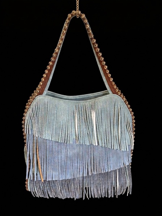 Big Buddha Handbags - Big Buddha Pale Blue Suede Fringe Shoulder Bag with Studded Strap